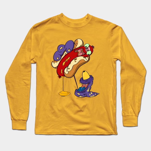 Hungry Monster and Scared Hotdog Cartoon Long Sleeve T-Shirt by Odd Creatures